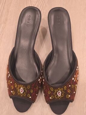 Doen Beaded Slide Mules in Black with Multicolor Embellishment